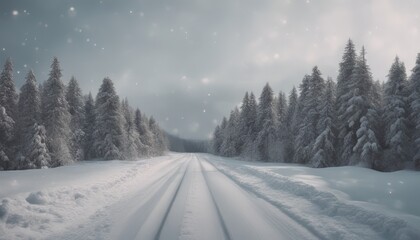 Wide shot of a road fully covered by snow with pine trees on both sides
