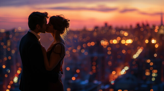 City lights illuminate a passionate kiss on Valentine's evening