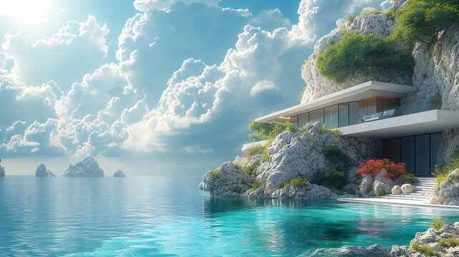 3 d rendering of a cozy house by the sea in the ocean
