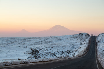 Ararat mountain seen from Armenia with a road on the right