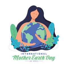 International mother earth day - Mother woman long curve hair hold hug earth with plant and leaf around vector design - 757823022