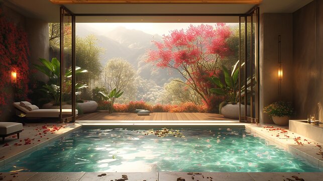 3 d render of the pool with a wooden floor and flowers