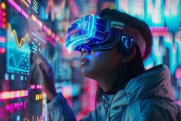 Woman in VR glasses using data visualization technology in the virtual reality - VR headset, big data, cyberspace