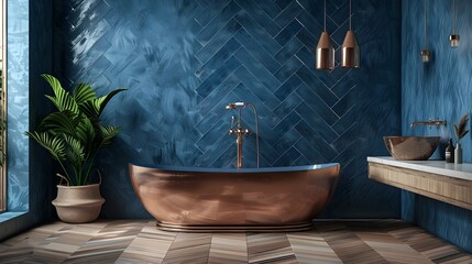 Luxurious Bathroom Escape Dark Blue Herringbone Tiles and Copper Bathtub in Boho Style Interior Design - obrazy, fototapety, plakaty