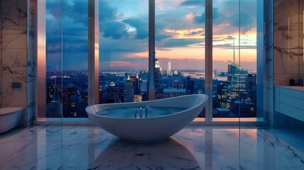 Fototapeta na wymiar Luxurious Bathroom Overlooking City Skyline at Twilight in High-Rise Building