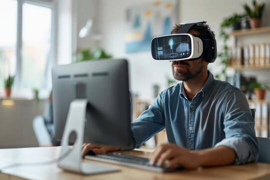 Man wearing VR simulator headset while working at the computer