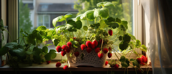 Strawberry plant with ripe fruits in a hanging plastic - obrazy, fototapety, plakaty