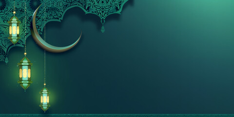 Serene Green Ramadan Setting with Crescent, Decorations, and Copy Space.