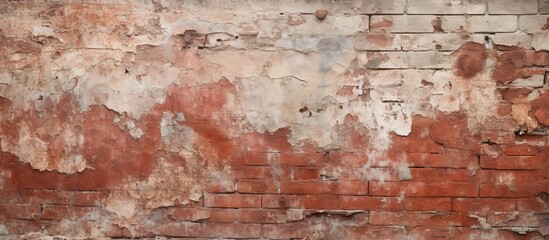 A close up of a brown brick wall with peeling paint, showcasing a unique pattern of rectangles and woodlike texture, adding an artistic touch to the landscape