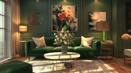 Modern living room interior with luxurious green velvet sofa and marble coffee table
