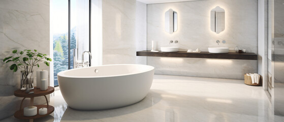 Stylish marble bathroom with large oval bathtub