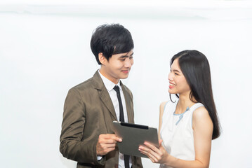 young manager talking with secretary about report marketing on for planning at office
