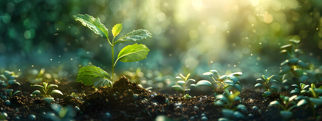 A panoramic image of seedlings growing from rich soil towards the morning sunlight, representing the concept of ecology and sustainability. Suitable for use in environmental conservation.