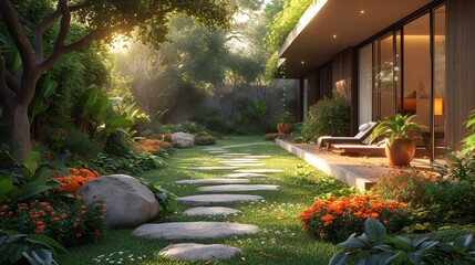 beautiful tropical garden with trees and plants. 3 d rendering. - obrazy, fototapety, plakaty