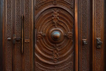 A close-up of a rusted ancient door with numerous details and textures.