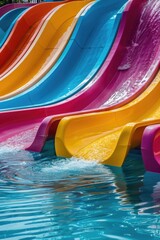 Close-up view of colorful water slides with splashing water