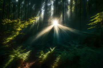 A sunbeam breaking through dense foliage in a mystical forest