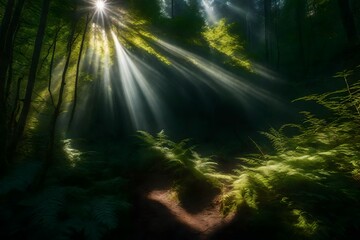 A sunlight shining through lush greenery in a mysterious forest.