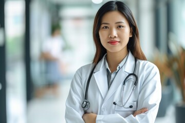 Confident female doctor with stethoscope in a clinic.