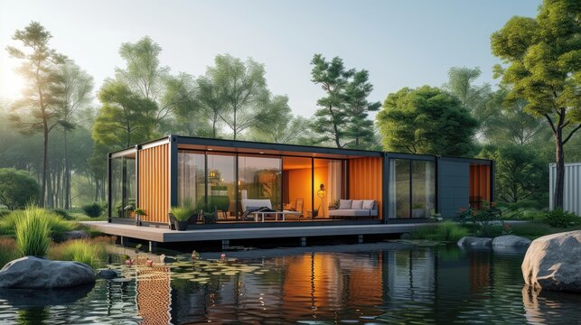 Serene Lakeside Container Home at Dawn, Modern container house set by a tranquil lake at dawn, with lush greenery reflecting in the water, depicting eco-friendly living and innovative architecture
