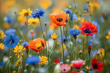 Obraz premium A beautiful meadow filled with colorful wild flowers in full bloom during the spring season.