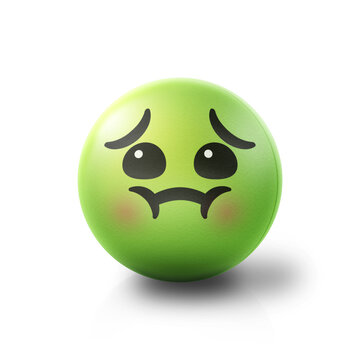 Sick and nauseated Emoji stress ball on shiny floor. 3D emoticon isolated.