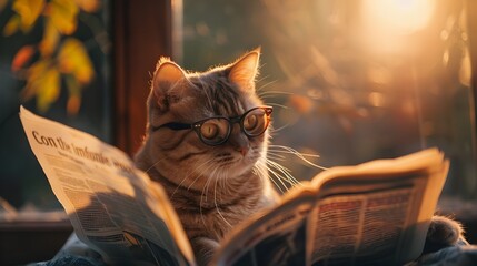 Cat reading Newspaper in Stylish Golden Light