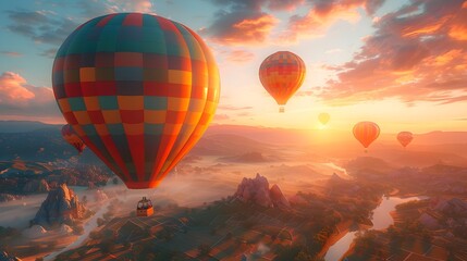 Hot Air Balloons Flying Over a Desert Valley in 8k 3D