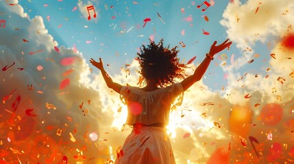 Woman in Afrofuturistic Style Celebrating with Confetti at Sunset