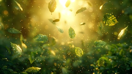 Gold and Emerald Leaves Falling in Autumn Forest