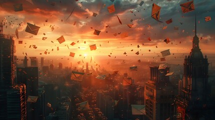 Cityscape with Flying Envelopes