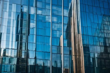 Obraz premium A city skyline reflected in a modern building's glass facade. 