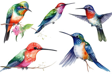 Set tropical hummingbirds illustration background white bird isolated beautiful watercolor