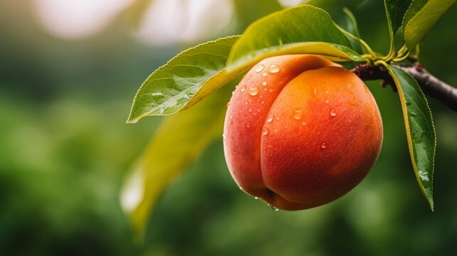 Close up of a ripe peach on a tree branch with garden background macro fruit photography