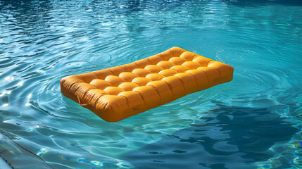 Yellow air mattress in a pool with blue water.