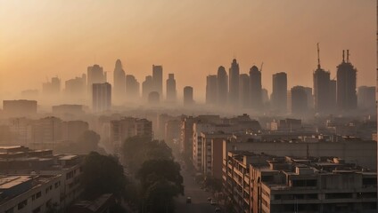 Smog and fine dust covered city in the morning 