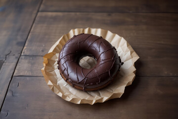 Chocolate Doughnut Sprinkled with Chocolate Chips on a Wooden Table