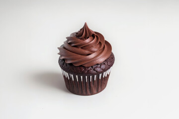 Chocolate Cupcake With Swirled Frosting on a Simple White Background