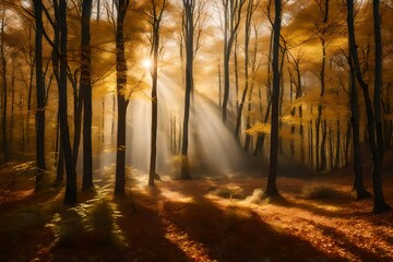 A peaceful forest clearing drenched in golden sunlight, with leaves falling slowly to the ground.  - obrazy, fototapety, plakaty