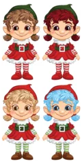 Zelfklevend Fotobehang Four cheerful elves in various festive outfits. © GraphicsRF