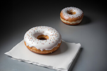 Two Glazed Doughnuts With Colorful Sprinkles on a White Napkin