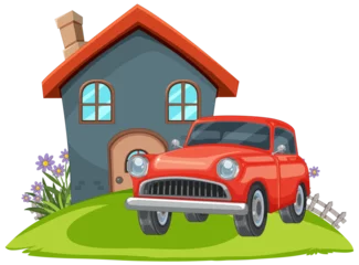 Zelfklevend Fotobehang Vector graphic of a house and car on green lawn © GraphicsRF