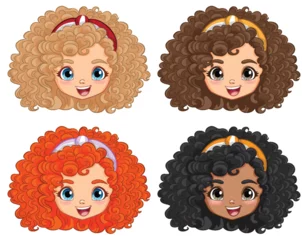 Deurstickers Four cartoon girls with different curly hairstyles. © GraphicsRF