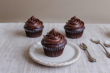 Three Chocolate Cupcakes With Swirled Frosting on a White Table