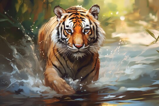 Beautiful tiger in natural habitat artistic painting style wildlife illustration