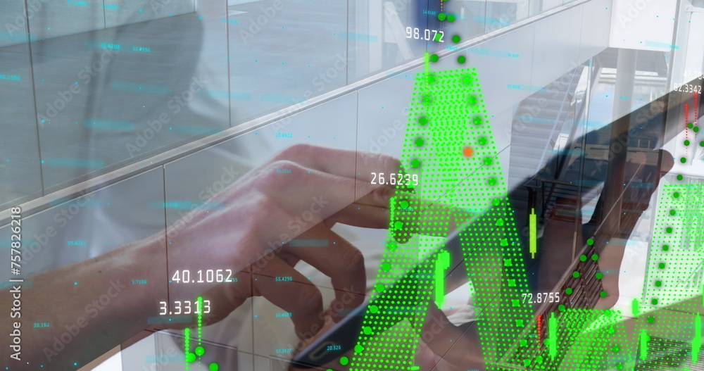Poster image of data processing over businessman using tablet in office