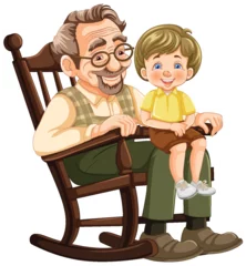 Gordijnen Elderly man and young boy smiling on rocking chair. © GraphicsRF
