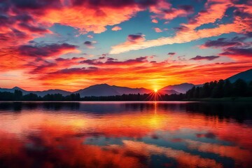 A breathtaking sunset over a peaceful lake, reflecting the brilliant colors of the sky. 