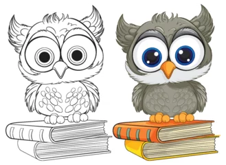 Gordijnen Two cartoon owls perched on colorful books © GraphicsRF