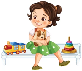 Rolgordijnen Smiling girl holding a puppy with toys nearby. © GraphicsRF